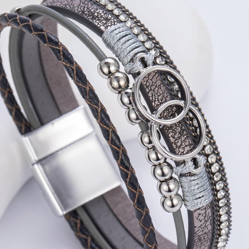 Leather Cuff Bangle Beaded Stackable Infinity Jew… - image 5